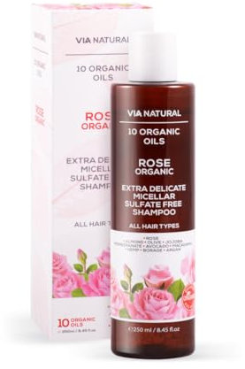 biofresh cosmetics Via Natural Organic Rose Water Shampoo with 10 Organic Oils for Hair - Men & Women, All Hair Types, Hair Care, Extra Delicate Micellar Shampoo, Sulphate Free, Vegan 250 ml