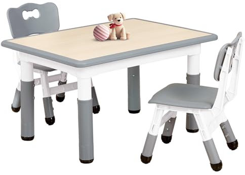 FUNLIO Kinderzimmertisch & -stuhlsets, höhenverstellbar für Kinder im Alter von 3-8 Jahren, leicht abwischbarer Kunsttisch, für Innen- und Außenbereich, CPC-geprüft (3-teilig) - Rechteck-Grau