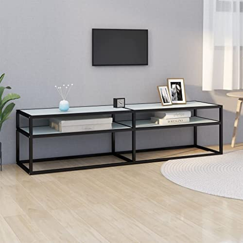 Meuble TV suspendu - Blanc - Aspect marbre - 160 x 40 x 40,5 cm - Verre trempé