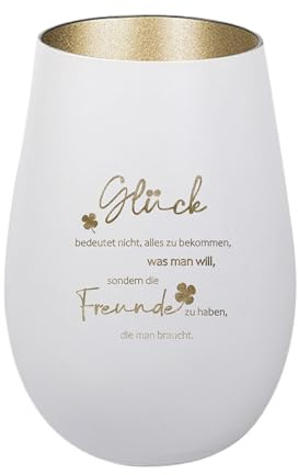 Der-Porzellan-Laden Windlicht mit Gravur Glück bedeutet Nicht, Weiß Gold, Teelichthalter aus Glas mit Spruch, Tischdeko modern
