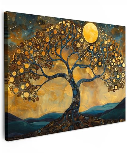 MuchoWow© Quadro Camera Da Letto 70x50 cm Quadri Soggiorno Decorazione Parete Quadri Moderni Su Tela Stampe Foto Con Cornice Quadretti PosterAlbero della vita - Luna - Fiori - Oro - Arte