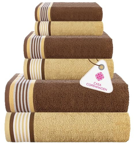 Casa Copenhagen He & She Ensemble de Serviettes 6 Pièces- Marron + Beige, 550g/m², 2 Serviettes de Bain, 2 essuie-Mains, 2 Gants de Toilette en Coton égyptien Doux pour Salle de Bain,Cuisine et Douche