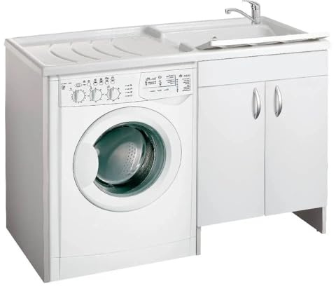 Lavatoio coprilavatrice a 2 ante in legno Bianco 124x60 e vasca in plastica (Vasca a Destra)