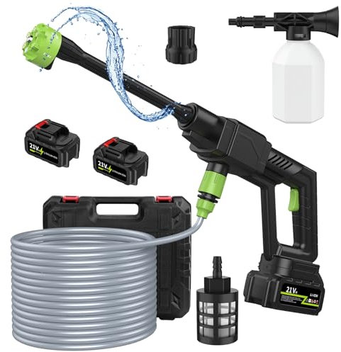 Shienfir Limpiador de alta presión con batería, 21 V máx. 500 PSI, portátil, con 2 baterías de 1500 mAh, boquilla de pulverización múltiple 6 en 1, manguera de 5 m, 1 GPM, para coche, terraza, jardín,