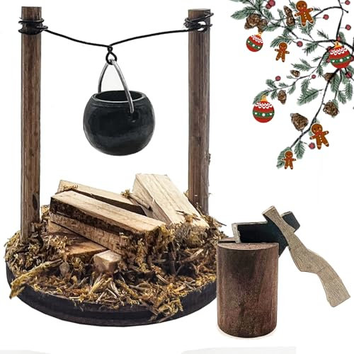 QUANMAITONG Mini Lagerfeuer Wichtelzubehör,Miniatur Wichtel Zubehör Weihnachten Mit Axt,DIY Puppenhaus Zubehör Lagerfeuer Krippen Zubehör,Bonfire Wichtel Werkzeug