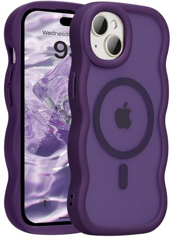 UEEBAI Magnetic for iPhone 14 Plus/15 Plus Case, Cute Cover Compatible with MagSafe, Transparent Clear Wave Design Wavy Frame Matte Phone Case- Purple