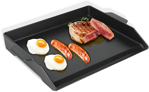 MOASKER Universal Gusseisen-Grillplatte mit Spatel-Set, 47,2 x 35,6 cm, vorgebrannt, antihaftbeschichtet, flache Oberseite, Grillplatte für alle Gas- und Holzkohlegrills und Herdplatte mit extra hohen