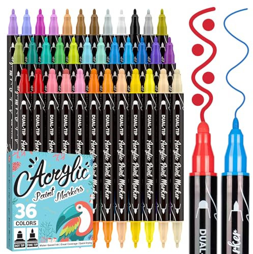 APOGO Acrylic Paint Pens, 36 Dual Tip Acrylic Markers (Fine & dot markers) for Colouring Egg Rock Glass Paper Plastic Ceramic DIY Art Pens Easter Crafts for Kids Adults