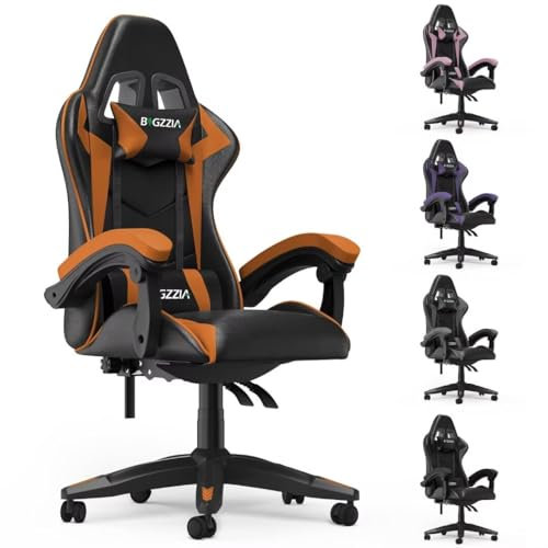 bigzzia Silla Gaming, Silla de Juegos, Silla de Oficina, Silla de Ordenador, Silla giratoria Resistente, diseño ergonómico con cojín y Respaldo reclinable (Orange)