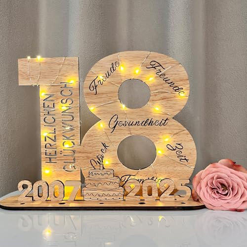 YUNLI Holz-Schild Gästebuch, 18 Geburtstag Frauen & Männer, Geburtstag Jubiläum mit LED Lichterkette und Cellophantüten, 2025 Holzschild Gästebuch Geburtstag, Geburtstagszahlen 18 Jahre Tischdeko