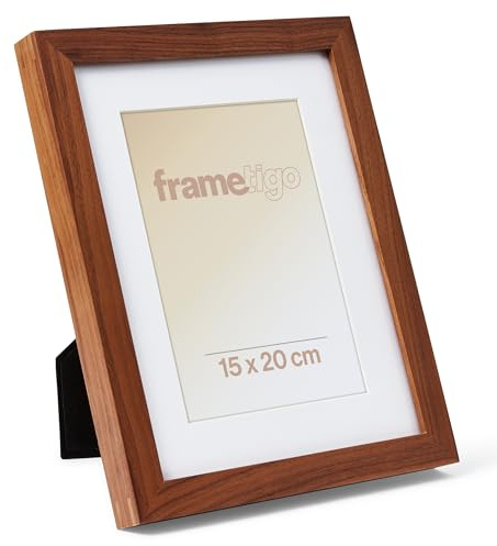 Frametigo - Premium Massivholz-Bilderrahmen aus Walnuss, 15x20cm, mit Samtrückseite & Ständer - Doppelte Zapfenverbindung - Echtglas - Eingefasst mit Umrandung für Hoch- & Querformat