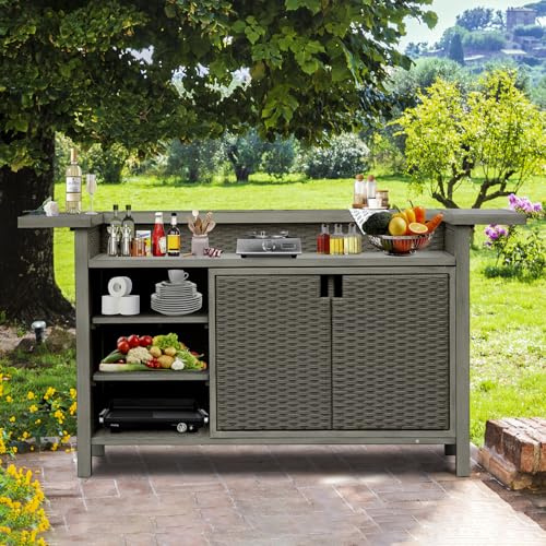 Domi Home Bar Unit，Modern Wicker Outdoor Bar Table with Aluminum Frame, Grill Table and Liquor Cabinet Bar for Patio, Home Kitchen, Dining Room, Living Room, Gray
