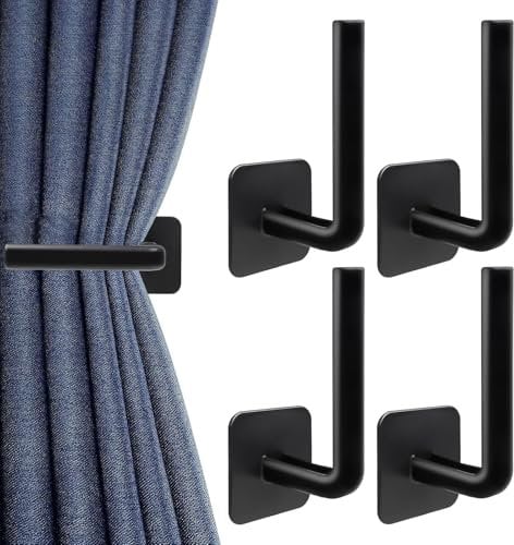 4 PCS Black Self Adhesive Curtain Hooks,Stylish L Shaped Curtain Holdbacks, Heavy Duty No Drilling Required Tie Backs Hooks for Home Decor, Kitchen, Bedroom, Lavatory Closet