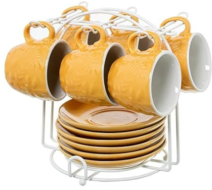 César collect on Set de Tazas de Café con Diseño de Hojas en Relieve, 6 Tazas y Platillos de 89ml, Amarillo, con Soporte Metálico (Amarillo Mostaza)