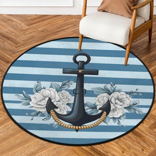 MPTPTM Runder Outdoor-Teppich, blau gestreift, weiß, Blumenboot, Anker, waschbarer Kreisteppich, rutschfester Teppich für Wohnzimmer, Badezimmer, Büro, 91,9 cm