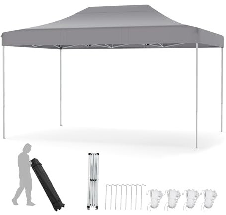 COSTWAY Gazebo Pop-up Pieghevole 3 x 4,5 m, Gazebo da Giardino Impermeabile Altezza Regolabile con Fori di Drenaggio, Tenda da Giardino Antivento con Borsa di Trasporto a Ruote (Grigio)