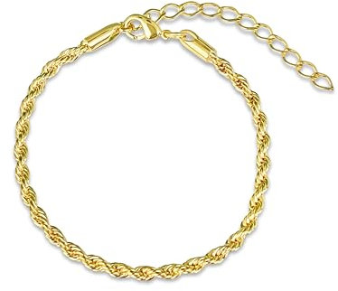 Majô London Gold-Filled Rope Chain Bracelet for Women, 18k/22k/24k Gold Bracelet, 6-8 in/15-20 cm Adjustable Length, 2mm & 3mm Width, Hypoallergenic, Classic Twisted Rope Chain