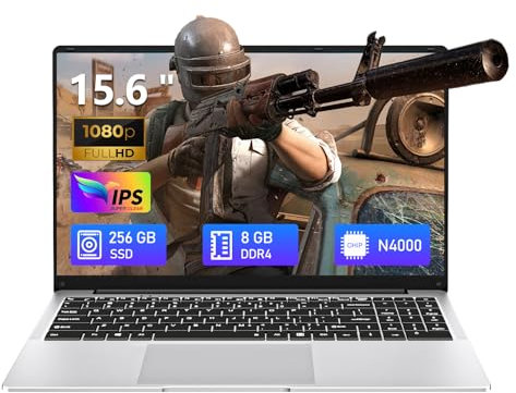 Ordenador Portátil 15,6 Pulgadas, Celeron N4000 procesador 8 GB RAM LPDDR4 256 GB SSD Laptop, PC Portátil con pantalla FHD 1080p, rotación de 180°, USB 3.0, mini HDMI, ranura para tarjeta TF, WiFi