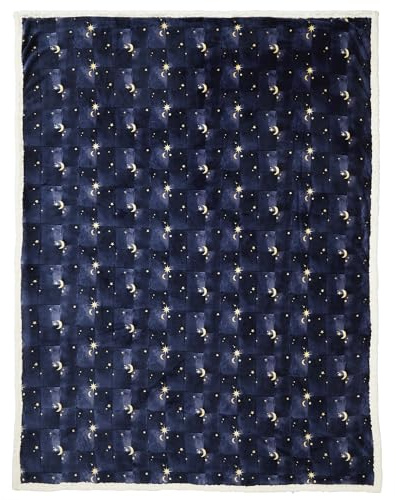 Fusion Sherpa Fleece Throw – Navy Cosmic Star & Moon Print – 150 x 200cm – Reversible – Soft Polyester Blanket for Sofa, Bed or Lounge