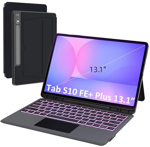 für Samsung Galaxy Tab S10 FE+ Plus 13.1 Zoll Hülle mit Tastatur: Tab S10fe+ Plus 2025 Deutsches QWERTZ-Layout Tastatur mit Touchpad | 7-Farbige Beleuchtung Kabellose Tastaturen Hülle mit Pen Halter