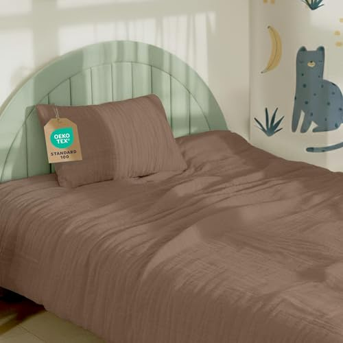 Dreamzie - Baby & Kinderbettwäsche Set 80x80 cm + Kissenbezug 35x40 cm | Musselin Bettwäsche aus 100% Baumwolle, Oeko-TEX Zertifiziert, atmungsaktiv & hautfreundlich - Mokka