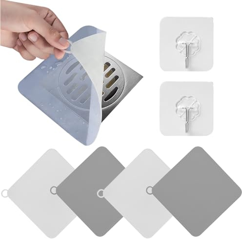 VEGCOO 4 Pezzi Copri Scarico Doccia, 20×20 cm Tappo Doccia Antiodore Tappo per Vasca in Silicone, Filtri Per Scarico Per Cucina, Bagno, Lavanderia, con Gancio