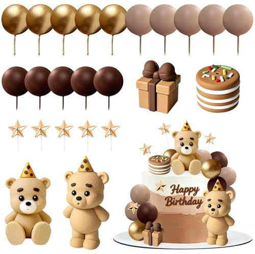 Bären Tortendeko, 24pcs Tortendeko Bär, Bär Kuchen Topper, Torten Topper Brauner Bär, Bär Torten Deko, Kuchen Deko Geburtstag Bär, für Geburtstag Party Hochzeit BabyShower (Farbe A)