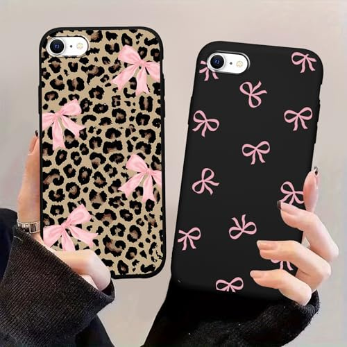Yoedge 2 Pack Stylish Pink Bow Leopard Phone Case for iPhone 7/iPhone 8/SE2020/2022 4.7,Cartoon Leopard Print Aesthetic Cases Pattern for Girls Women Boys,Soft Silicone TPU Protective Cover Funda