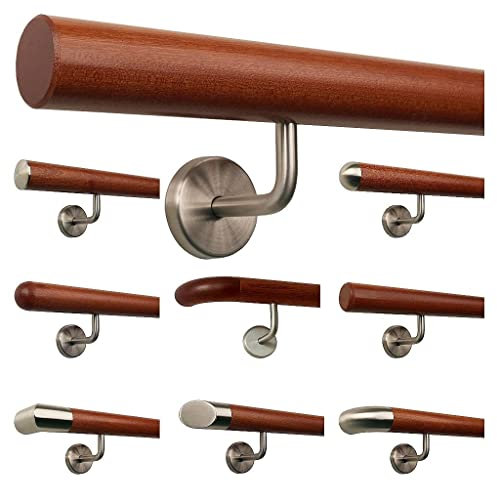 TIBU Mahagoni Holz Geländer Handlauf Treppe Griff gewinkelte Edelstahlhalter, Länge 30-500 cm aus einem Stück, Länge 30 cm mit 2 Halter - Enden gefast