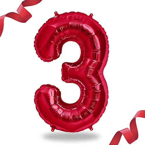Folienballon Zahl in Rot- Riesenzahl ca.100cm Ballon - Folienballons für Luft oder Helium als Geburtstag, Hochzeit, Jubiläum oder Abschluss Geschenk, Party Dekoration (Rot [ 3 ])