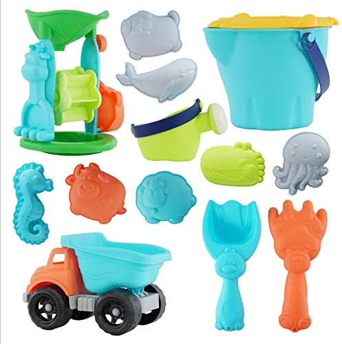 Sand Truck & Water Mill Sandpit Set, Accessories Fork Spade Beach Garden Toy Kids Play Set, 16 Piece, Summer Fun Time, Sand Play Beach Toys for Toddlers