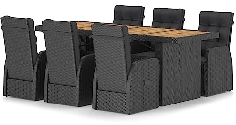 vidaXL 7-TLG. Garten-Essgruppe mit Auflagen Poly Rattan Schwarz