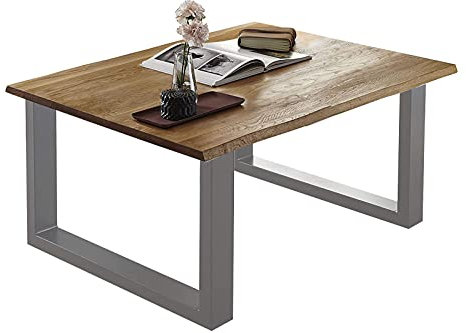 SAM Couchtisch 80x80 cm Sierra, Wildeiche massiv, echte Baumkante, Sofatisch mit U-Gestell, Metall Silber