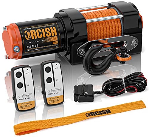 ORCISH Elektrische Seilwinde, 12 V, 1587 kg, synthetisches Seil, ATV/UTV, LKW, Seilwinde zum Abschleppen, tragbare Anhängerwinde mit kabelloser Handfernbedienung und kabelgebundener Steuerung