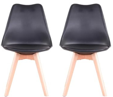 GrandCA HOME Lot de 2 Chaises de Salle à Manger Scandinaves avec Assise Rembourrée et Pieds en Bois en Métal, Chaises de Cuisine pour Chambre, Salon, Noir