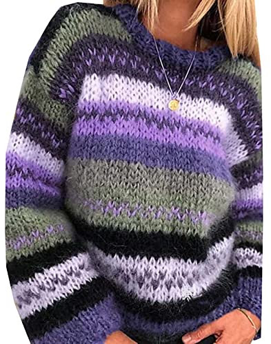 Autunno E Inverno Moda Donna Maglione Arcobaleno Girocollo A Righe Casual Maglione Lavorato A Maglia Caldo Donna