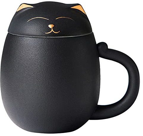 HEER Tazza da tè a forma di gatto con infusore e coperchio, tazza da tè in ceramica da 382,7 g, regalo per amanti dei gatti per amici e familiari (nero)