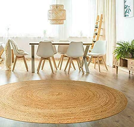 Avgari Creation RUG Jute Natural Hand Braided Rug Round Shape Handmade Natural Fiber Area Carpet Decorative Carpet (60 x 60 Cm (2x2 Feet), Beige + Black Line) (Nat-R001)
