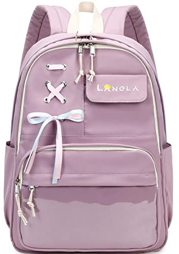 Lanola Schulrucksack für Teenager-Mädchen, lässiger Wanderrucksack, Tagesrucksack, Büchertasche, Uni, Reiserucksack mit niedlichem Band für Mädchen, violett