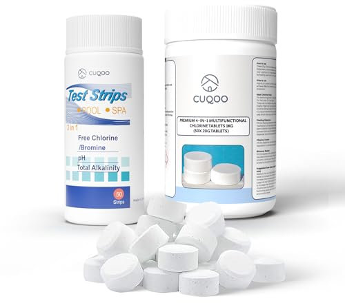 𝐏𝐔𝐑𝐄 𝐒𝐏𝐋𝐀𝐒𝐇! 1kg Chlorine Tablets with Water Test Strips – 4-in-1 Multifunction Hot Tub & Pool Sanitiser for Inflatable, Paddling & Above-Ground Pools | Algaecide, Stabiliser, Clarifier