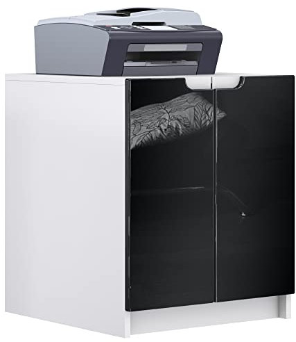 Vladon Druckerkommode Logan, Aktenschrank mit 2 Fächern und 2 Türen, Korpus in Weiß matt, Fronten in Schwarz Hochglanz, (51 x 60,5 x 54 cm)