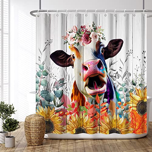 Ttincceer Kuh Herbst Duschvorhang für Badezimmer 183x183cm Highland Kuh Sonnenblume Badezimmervorhang mit Haken Bauernhaus Tier Retro Holz Botanischer Badevorhang Polyester Badewannenvorhang