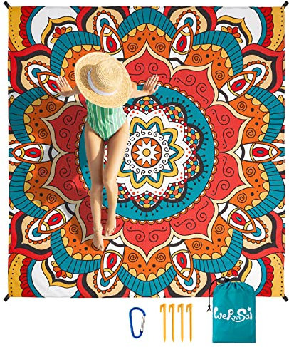 WERNNSAI Stranddecke - 210x200 cm Mandala Sandfrei Strandmatte Groß Leichte Wasserdicht Sanddicht Campingdecke mit 4 Erdspieße für Strand Camping Wandern Picknick Reisen