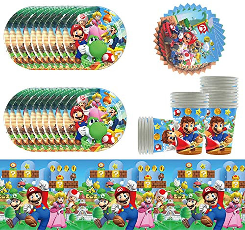 61pcs Super Mario vaisselle de fête d'anniversaire,Mario de fête ensemble, ensemble comprenant nappe assiettes gobelets serviettes pour babyparty,mariages,anniversaire(20 invités)