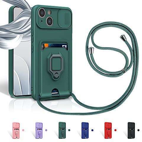 Aithne Case für iPhone 15 Handykette Hüll,Slide kameraschutz,Silikon Handyhülle zum Umhängen Kette,360 Grad Ringhalter Stand Kartenfach-Grün