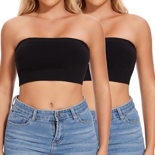 Joyshaper Damen Nahtlos Bandeau BH ohne Bügel Trägerloser Crop Top Push Up Bustier Bra Top Schulterfrei Tube Top Bauchfrei Kurz Oberteil Shirt Schwarz+Schwarz S