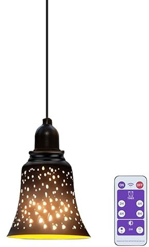 EcoGehen Dekorative Hängelampe ohne Strom Wohnzimmer Klein Schwarz Golden Hängeleuchte mit Batterie Fernbedienung Batteriebetriebene Lampe Metall Lampenschirm Pendelleuchte Wasserdicht Beleuchtung