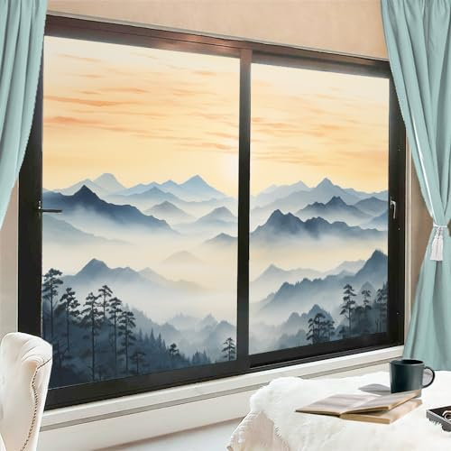 Rustikale Landschaft Fensterfolie Sonnenblockierung Sonnenaufgang Morgen Wald Modern Haus Fenster Tönungsfolie Kein Kleber Glas Haftabdeckungen für Zuhause Dekorativ 70 x 120 cm x2 Stück