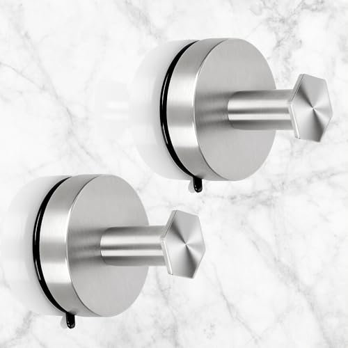 Mooche 2PCS Vacuum Suction Cup Hooks, Reusable Shower Suction Towel Hooks Stick on Glass Window, Mirror, Smooth Tiles, Waterproof Stainless Steel Sucker Hooks Hanger, Brushed Finished