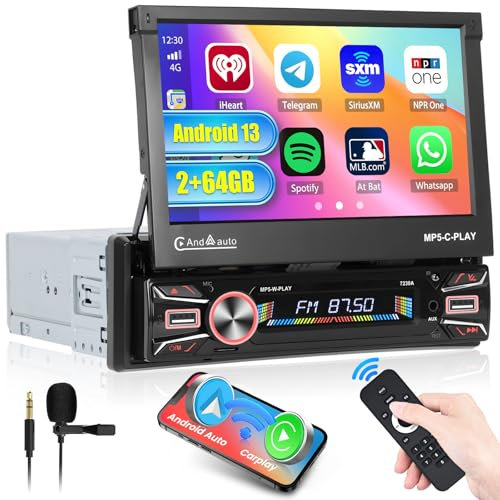 Hikity 2+64G Android 13 Radio Coche 1 DIN Pantalla Retráctil Automática Wireless Carplay Android Auto, 7'' Pantalla Retractil Radio con Navegacion GPS WiFi Bluetooth Mirror Link FM RDS EQ USB SWC